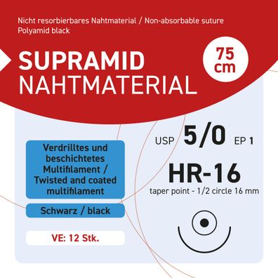 Supramid Nahtmaterial USP 5-0 EP-1 HR-16 - 75 - 12 Stück