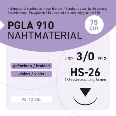 PGLA 910 Nahtmaterial USP 3-0 EP-2 HS-26 - 75 - 12 Stück