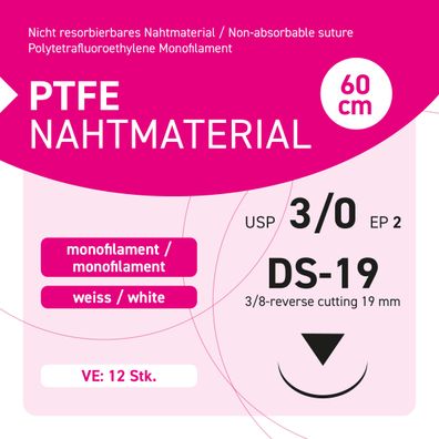PTFE Nahtmaterial USP 3-0 EP-2 DS-19 - 12 Stück