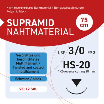 Supramid Nahtmaterial USP 3-0 EP-2 HS- 20 - 75 - 12 Stück