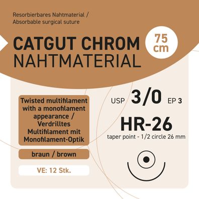 CATCUT Chromic Nahtmaterial USP 3-0 EP-3 HR-26 - 75 - 12 Stück