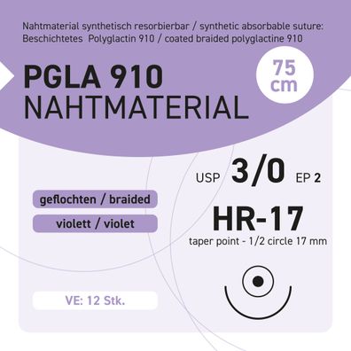 PGLA 910 Nahtmaterial USP 3-0 EP-2 HR-17 - 75 - 12 Stück
