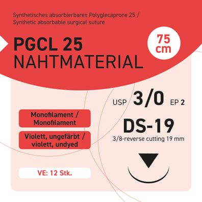 PGCL 25 Nahtmaterial USP 3-0 EP-2 DS-19 - 75 – 12 Stück