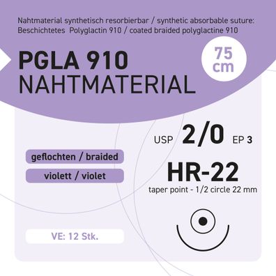 PGLA 910 Nahtmaterial USP 2-0 EP-3 HR-22 - 75 - 12 Stück