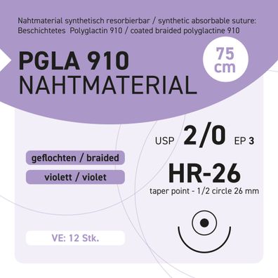 PGLA 910 Nahtmaterial USP 2-0 EP-3 HR-26 - 75 - 12 Stück