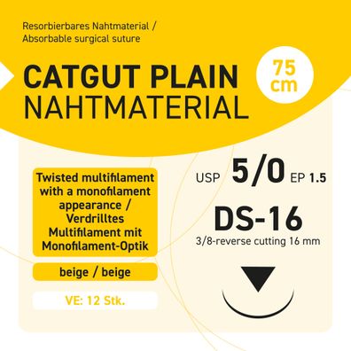 CATCUT PLAIN Nahtmaterial USP 5-0 EP-1.5 DS-16 - 75 - 12 Stück