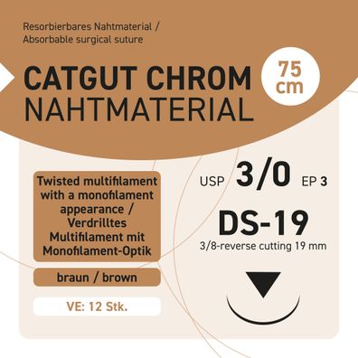CATCUT Chromic Nahtmaterial USP 3-0 EP-3 DS-19 - 75 - 12 Stück