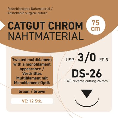 CATCUT Chromic Nahtmaterial USP 3-0 EP-3 DS-26 - 75 - 12 Stück