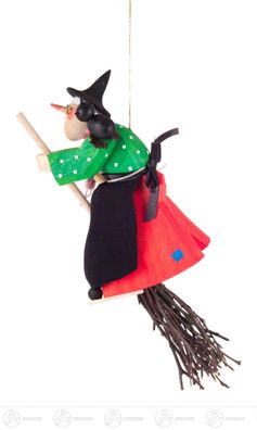 Schnitzerei Hexe mit Kater auf Besen, geschnitzt, zum Hängen BxHxT 7cmx24 cmx9cm