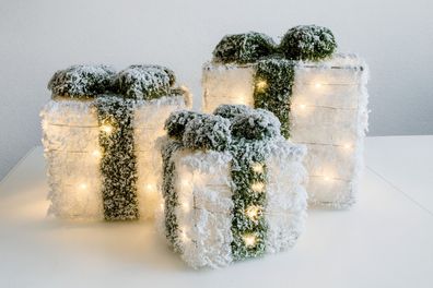 LED Geschenke Boxen mit Deko-Schnee 3er Set grün