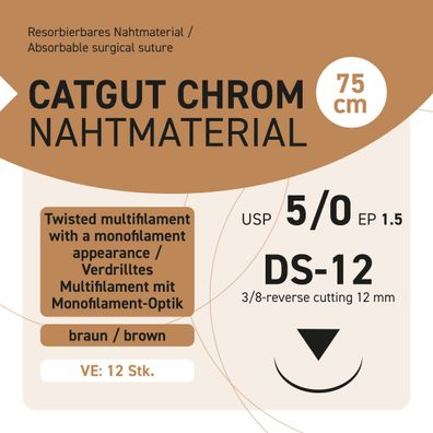 CATCUT Chromic Nahtmaterial USP 5-0 EP-1.5 DS-12 - 75 - 12 Stück
