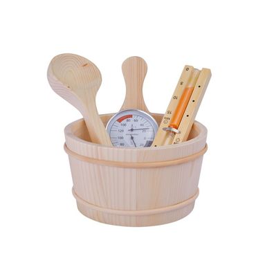 Harvia Saunazubehör Set BASIC 5-teilig Saunakübel Holzkelle Sanduhr Thermohygrometer