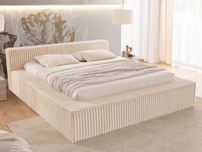 Noord - Modernes Polsterbett aus Plüschcord mit Lattenrost und großem Bettkasten
