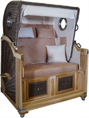 Strandkorb Teak Alcala hellbraun/creme Stoff gesteppt 2 Sitzer Voll-Liegemodell