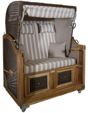 Strandkorb Teak creme / weiß Stoff 2 Sitzer Voll-Liegemodell