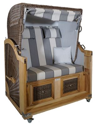 Strandkorb Teak grau schwarz / cremeweiß Stoff 2 Sitzer Voll-Liegemodell