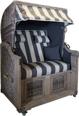 Strandkorb Teak Grey Washed grau / cremeweiß Stoff 2 Sitzer Voll-Liegemodell