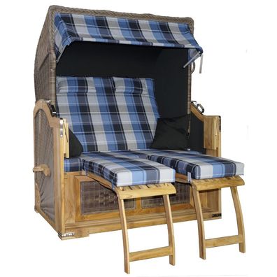 Strandkorb Teak XL blau kariert 2½ Sitzer