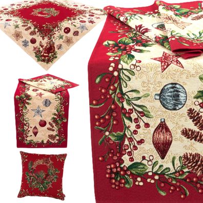 Weihnachten Tischdecke Tischläufer Kissenbezug Gobelin Weihnachtsdekoration Rot Beige