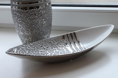 Gilde Schale, "St. Louis", gestreift, Keramik, weiß, silberfarben, VE 3, L. 14