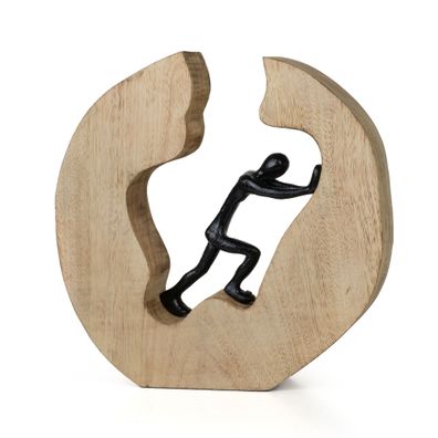 Dekofigur Push & Work Schwarz aus Mangoholz und Aluminium 28 cm Skulptur Modern