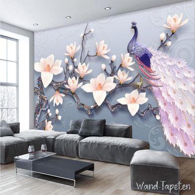Vlies Fototapete Wandtapete Wandbilder 3D Relief Magnolien und Pfau 3881