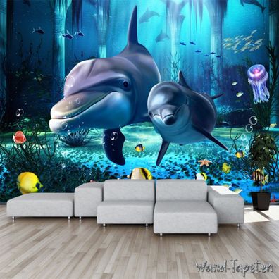 Vlies Fototapete Wandtapete Wandbilder 3D Unterwasserwelt Delfinen Anemonen 3883