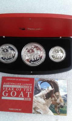 Original 1/2$,1,2$ Dollars 2015 3er PP Australien Lunar Ziege 3,5 Unzen Silber PP Set