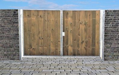 Einfahrtstor Ss Tor Verzinkt mit Pfosten & Holzfüllung 2 flügelig