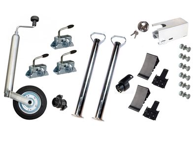 PKW-Anhänger Zubehörset: Stützrad, Stützen 700 mm, Klemmhalter, Keile inkl. Halter