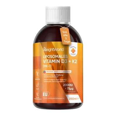 Liposomales Vitamin D3 K2 Tropfen - 2000IE Vitamin D3 + 75 mcg vit K2 MK-7-250ml