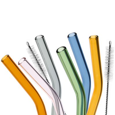 bremermann Glas-Trinkhalm 6er Set + 2 Bürsten, bunt, gebogen