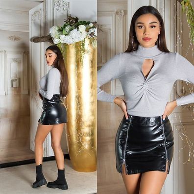 SeXy Miss Damen Girly Pullover Out Cut Wickel Look Strickpulli 34/36/38 grau