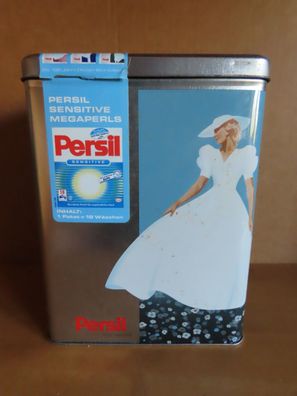 Blechdose blau silber leer rechteckig Persil 100 Jahre Frau im weißen Kleid