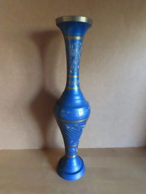 Vase Metall blau golden mit Gravur ca. 37 cm H schmaler Hals 110217