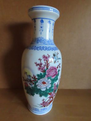 Vase weiß mit Blumen Vögeln blauem Muster Chinesich ca. 26 cm H