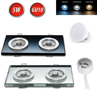 GU10 5W LED Einbaustrahler Einbaurahmen Glas 150x75mm Schwarz Eckig