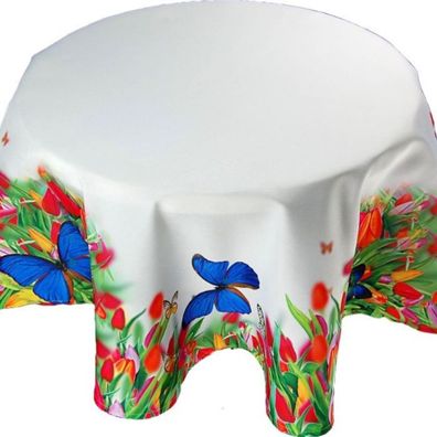 Frühling Tulpen Schmetterling Tischwäsche Weiß Tischdecke Stoff Rund Tafeltuch