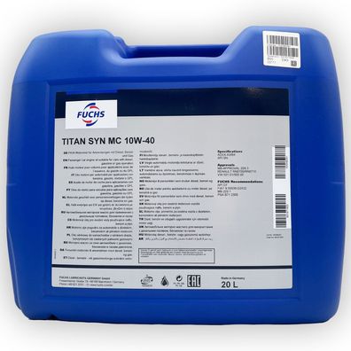 20 L FUCHS TITAN SYN MC 10W40 MB 229.3 VW 501.01 505.00 ACEA A3/B4 Motoröl