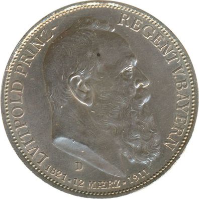 Bayern 3 Mark 1911 D 90. Geburtstag von Prinzregent Luitpold Silber*