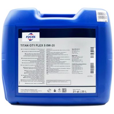 20 L Fuchs Titan Gt1 Flex 5 0W-20 Motoröl Öl 0W20 BMW | MB | Jaguar | Opel |