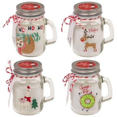 Kerze im Glas mit Weihnachtsmotiv X-Mas Weihnachtskerze Lama Faultier Rentier