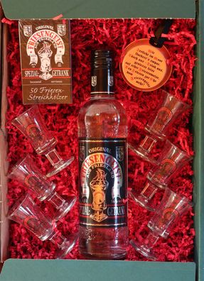 BEHN Friesengeist 56% 0,5l, 6 Gläser, Pfännchen Geschenkkarton Frohe Weihnachten