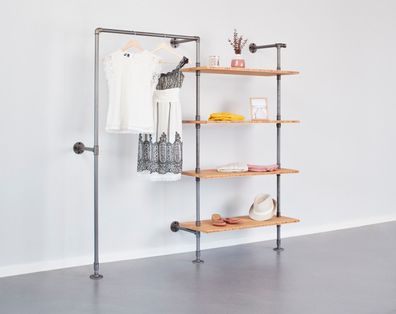 Kleiderschrank „Schuba“ - Industrial-Style, offenes Schranksystem aus Rohr und Holz