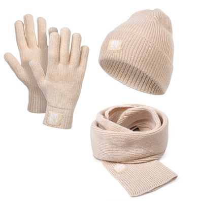 Damen Winter-Set Strickmütze mit Umschlag, Schal Handschuhe Warme Beanie Strickschal