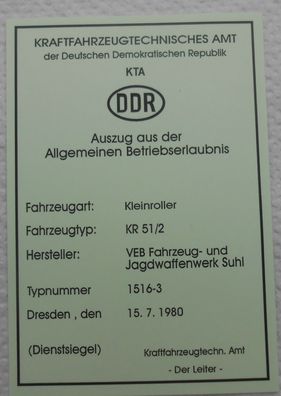 Simson , ABE, DDR, Kleinroller Schwalbe KR51/2 mit Stempel