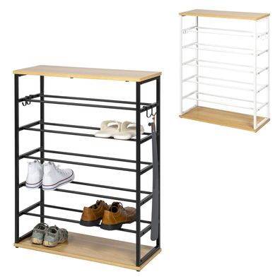 eluno Schuhregal für max. 18 Paar Schuhe, 2 Holzablagen, 4 Haken