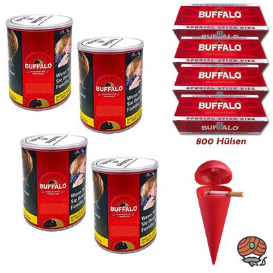 Buffalo Red/Rot Feinschnitt Tabak Dose 4x 140g, Extra Hülsen, Strandascher