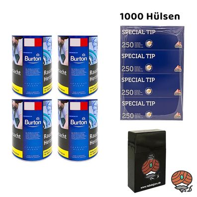 Burton Blue/Blau Feinschnitt Tabak Dose 4x 120g, Gizeh Hülsen, Zubehör