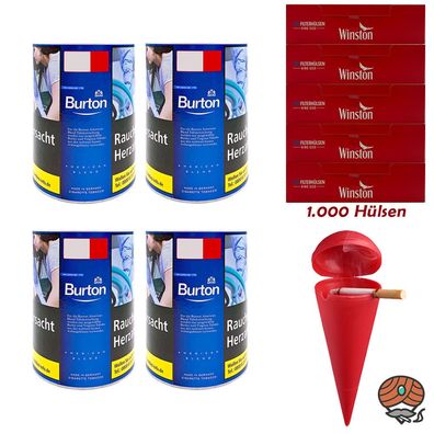 Burton Blue/Blau Feinschnitt Tabak Dose 4x 120g, Winston Hülsen, Strandascher